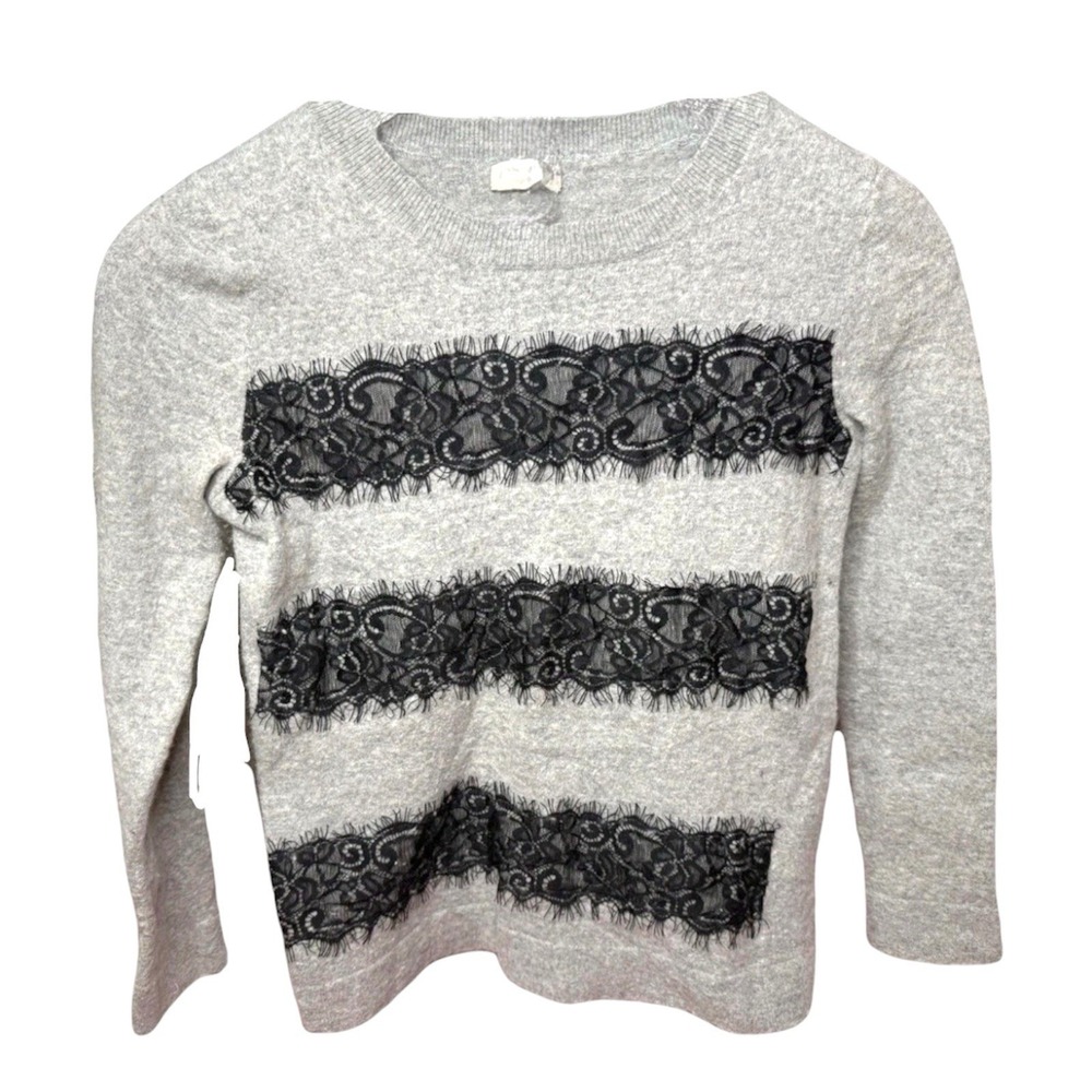 J.Crew Women's XS GraySweater Black Lace Detail Crewneck Knit Pullover
